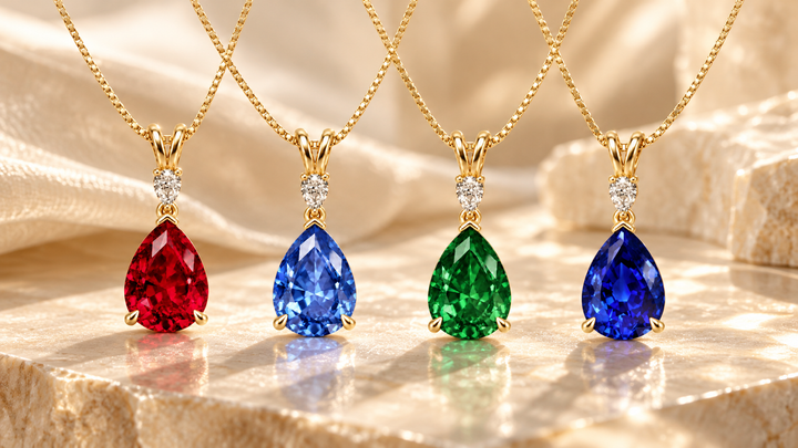 Dellyrica Before It Falls teardrop necklace collection featuring pear-cut lab-grown ruby, cornflower blue sapphire, emerald and royal blue sapphire with moissanite accents in 14K gold vermeil.