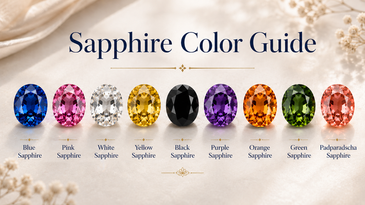 Sapphire color guide showing blue, pink, white, yellow, black, purple, orange, green and padparadscha sapphire shades