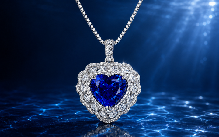 Heart-shaped royal blue sapphire necklace against a deep ocean-inspired background