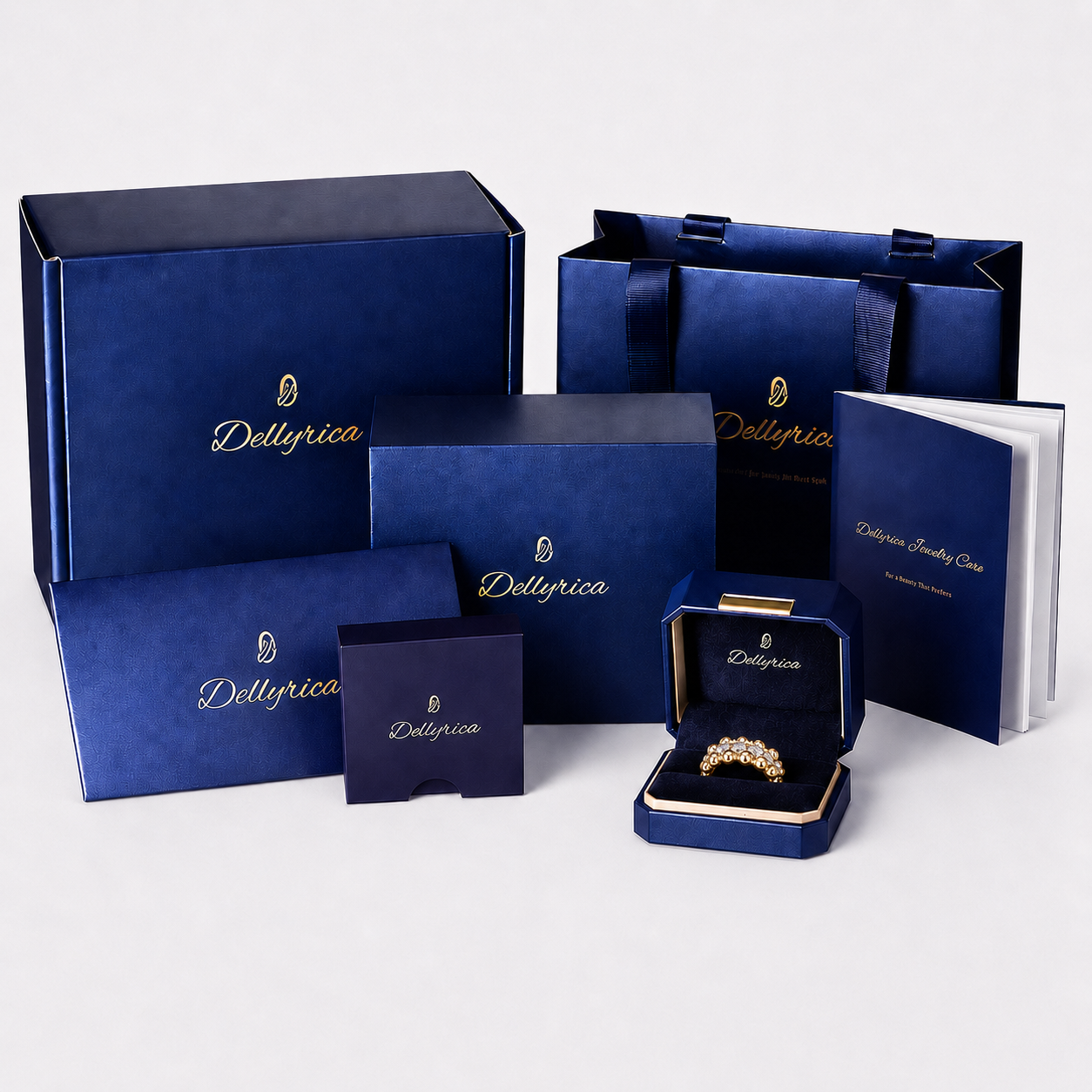 Dellyrica vintage-inspired cubic zirconia ring with navy jewelry box and luxury gift packaging