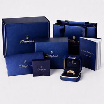 Dellyrica vintage-inspired cubic zirconia ring with navy jewelry box and luxury gift packaging
