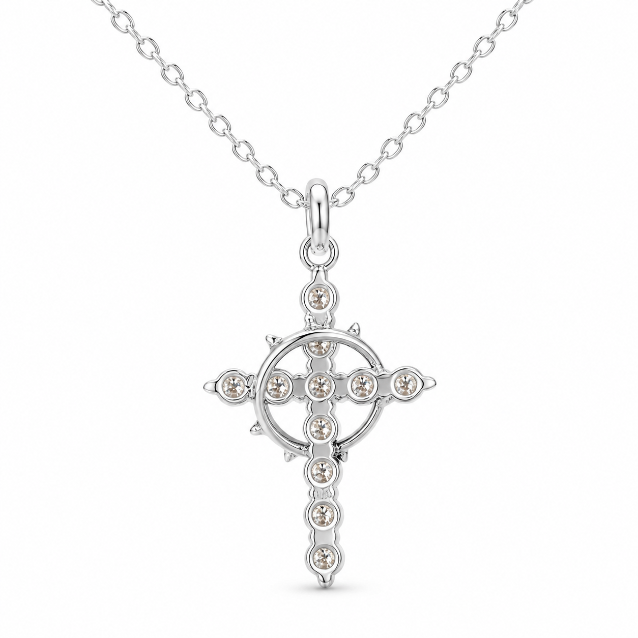 Crowned in Grace moissanite cross necklace with 11 round D-color moissanites and O chain back view