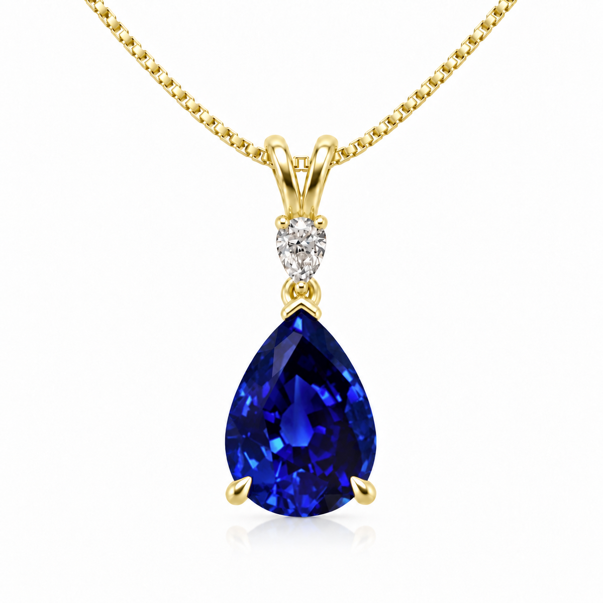 Before It Falls royal blue sapphire teardrop necklace with vivid blue pear-cut gemstone and D-color moissanite