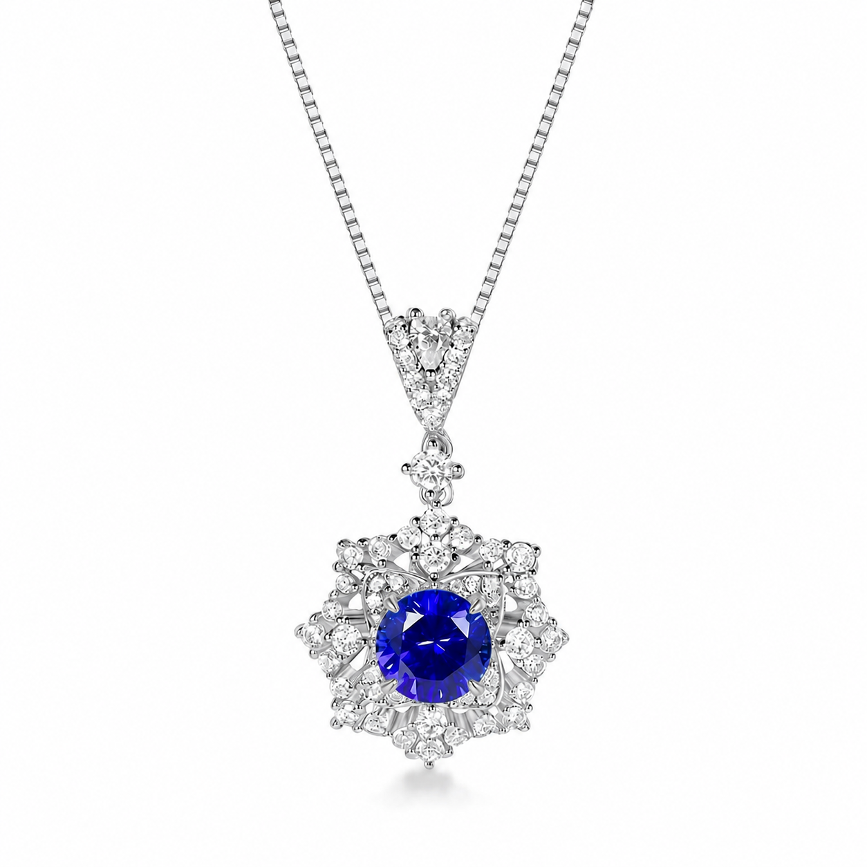 Ariadne’s Celestial Crown blue sapphire necklace with 2 carat round lab-grown sapphire and box chain