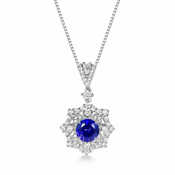 Ariadne’s Celestial Crown blue sapphire necklace with 2 carat round lab-grown sapphire and box chain