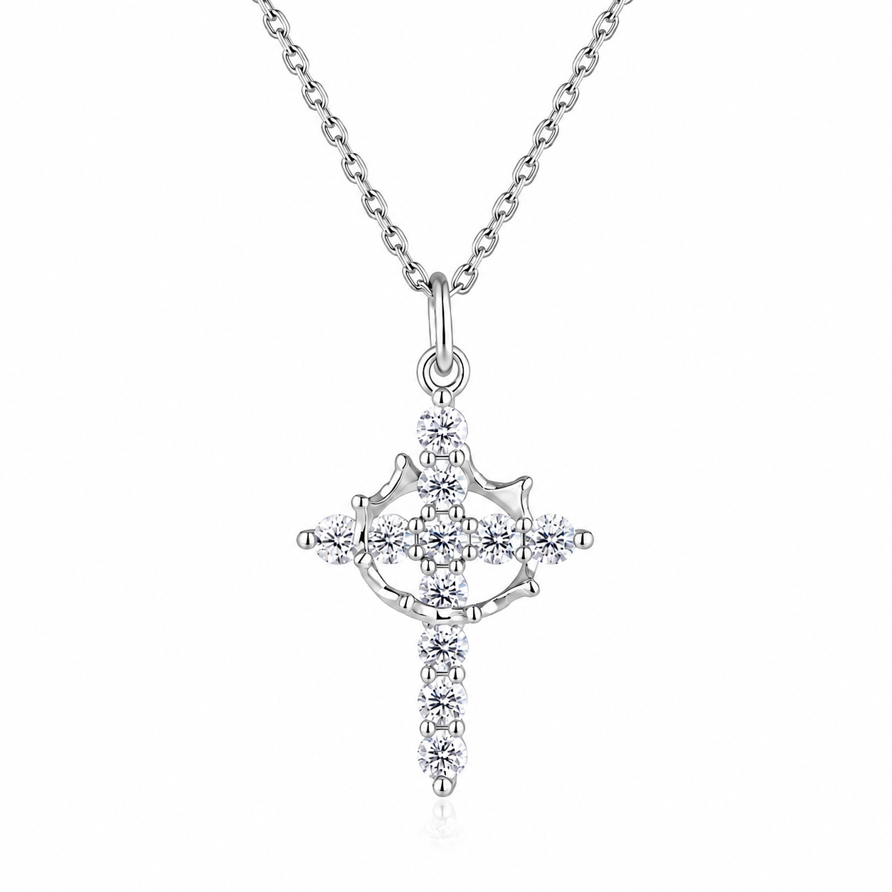 Crowned in Grace crown of thorns moissanite cross necklace in heavy rhodium-plated 925 sterling silver
