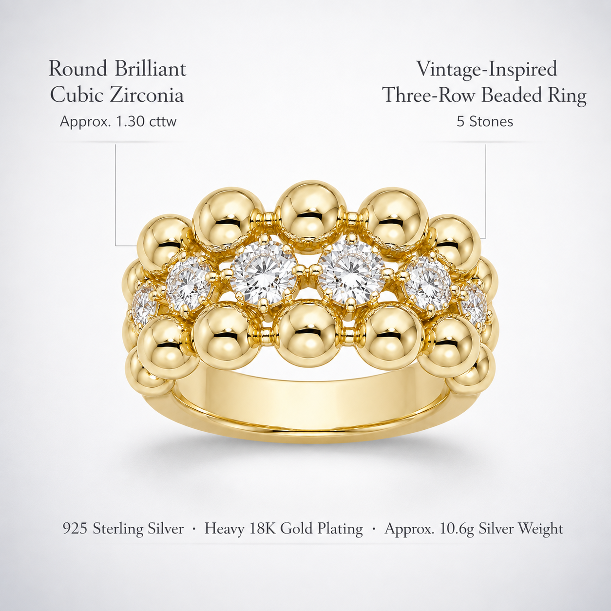 Three-row beaded cubic zirconia ring with five round stones, heavy 18K gold plating, and 10.6g silver weight