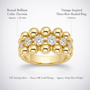 Three-row beaded cubic zirconia ring with five round stones, heavy 18K gold plating, and 10.6g silver weight