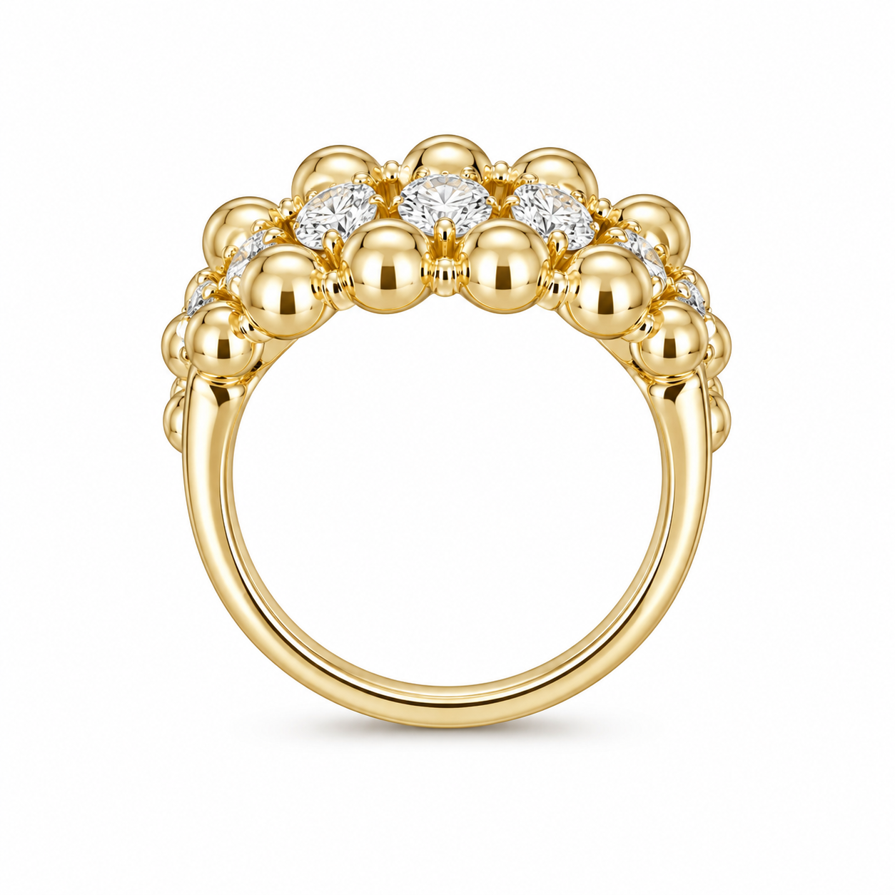 Side view of a three-row beaded cubic zirconia ring in 18K gold-plated 925 sterling silver