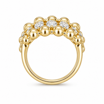Side view of a three-row beaded cubic zirconia ring in 18K gold-plated 925 sterling silver