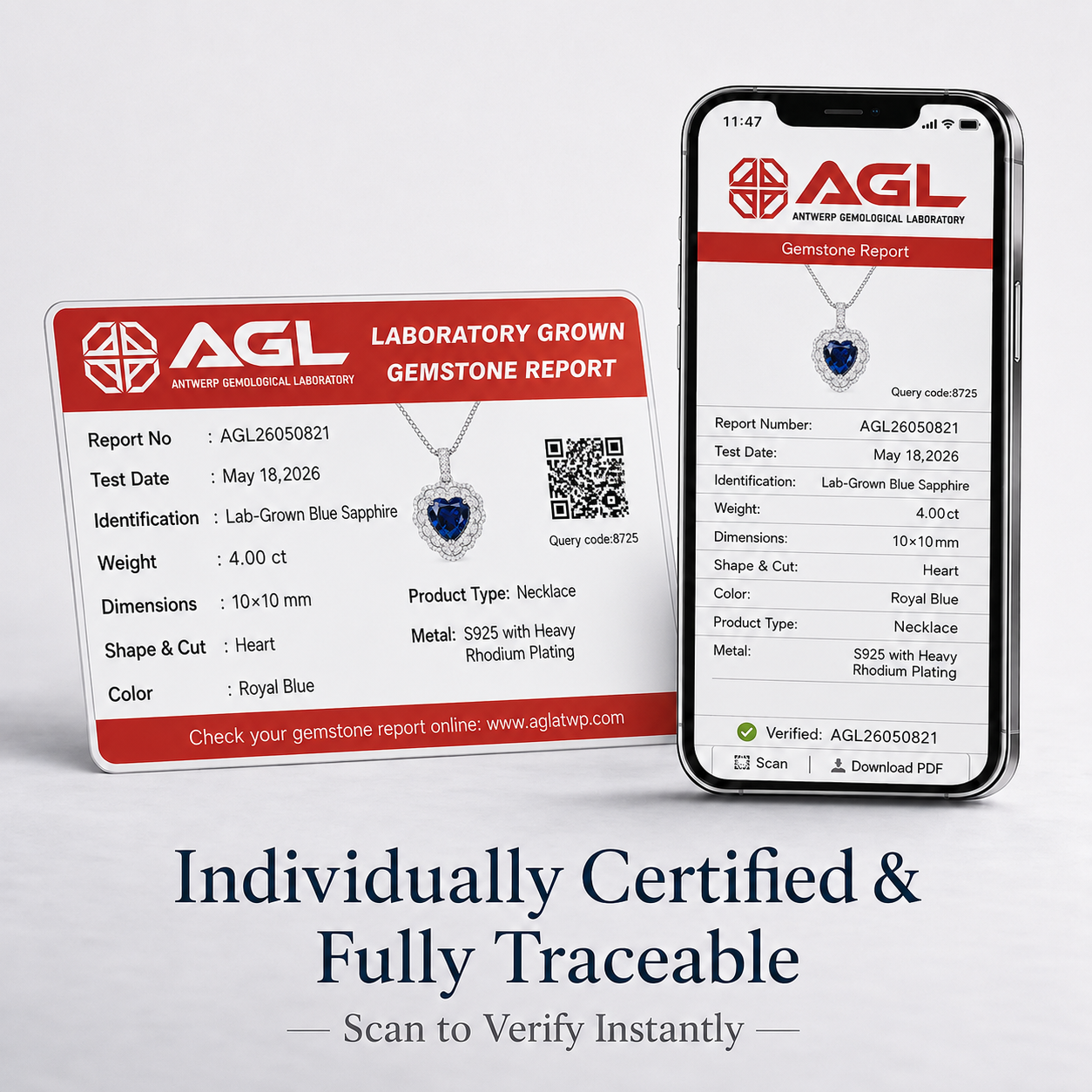 Individually certified 4-carat lab-grown royal blue sapphire necklace with traceable AGL gemstone report