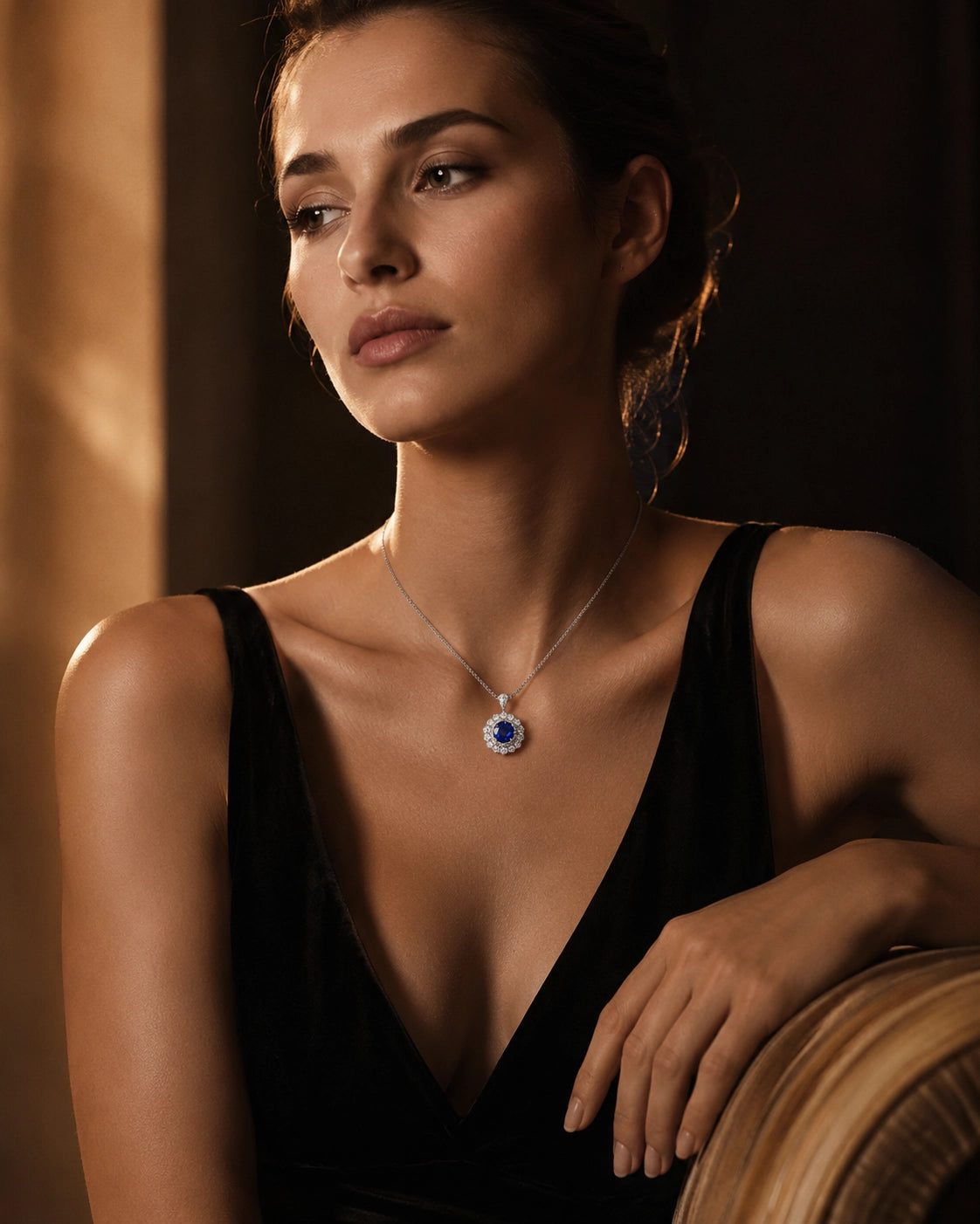 Elegant woman wearing the Dellyrica Moon Halo lab-grown blue sapphire and moissanite necklace.
