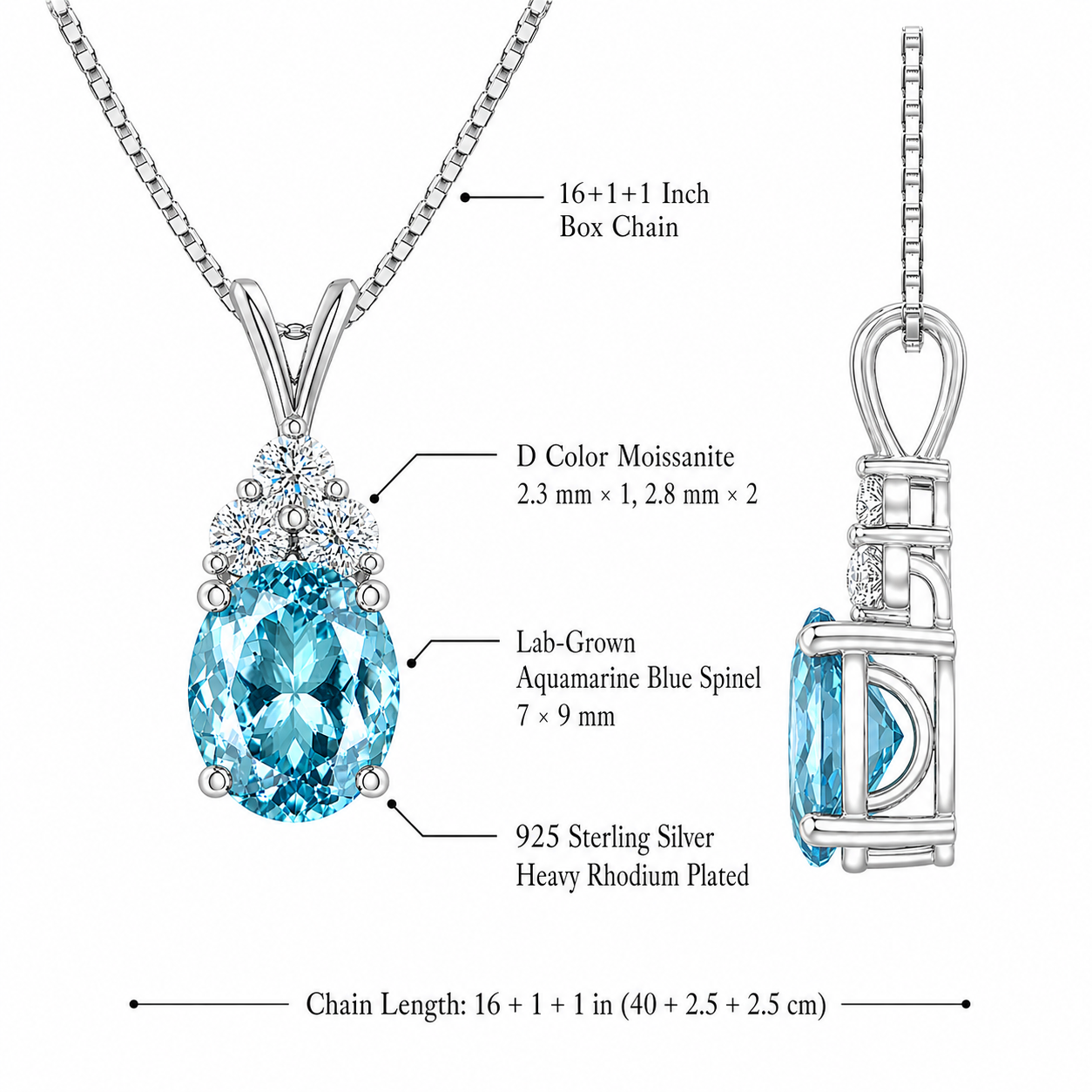 Starlit Garden aquamarine blue spinel necklace details with moissanite accents, S925 silver and chain length