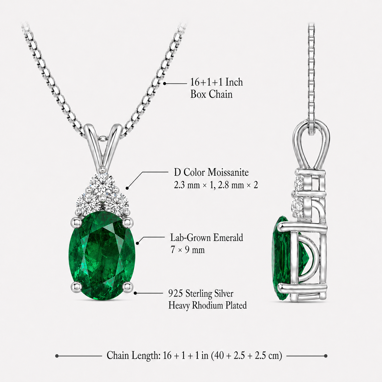 Starlit Garden emerald necklace details with moissanite accents, S925 silver and chain length