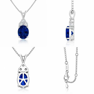 Starlit Garden royal blue sapphire necklace in front, side, back and chain detail views