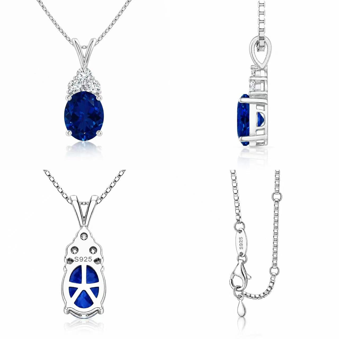 Starlit Garden royal blue sapphire necklace in front, side, back and chain detail views