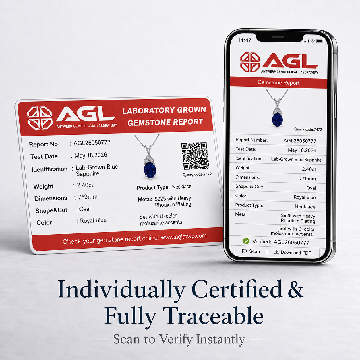AGL certificate for Starlit Garden royal blue sapphire necklace with traceable gemstone report