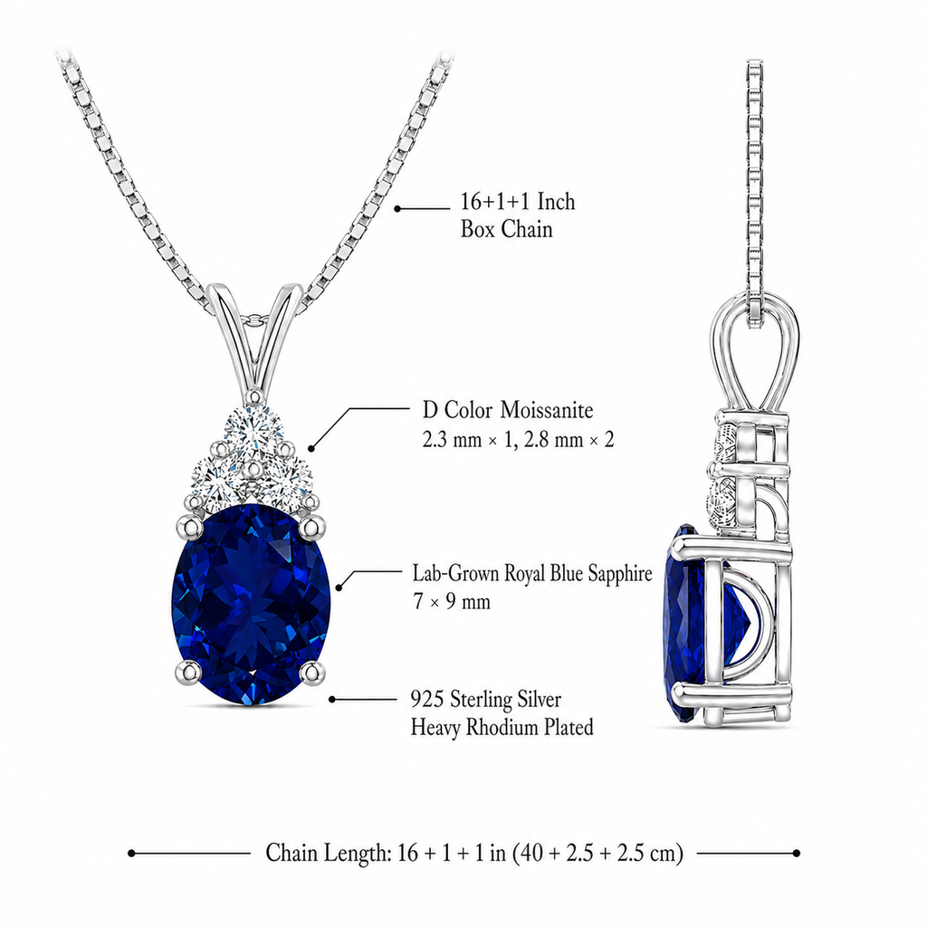 Starlit Garden royal blue sapphire necklace details with moissanite accents, S925 silver and chain length