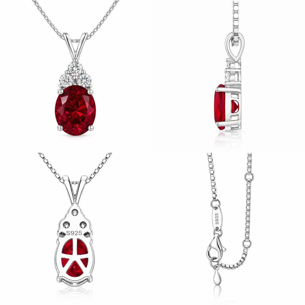 Starlit Garden ruby necklace in front, side, back and chain detail views