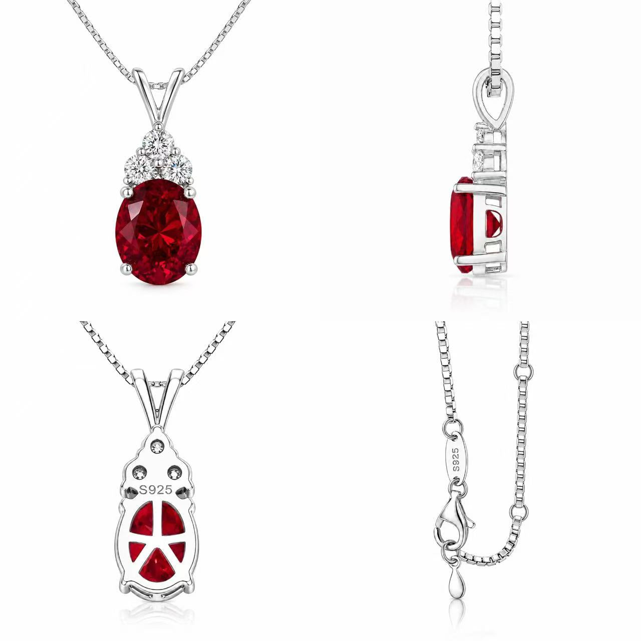 Starlit Garden ruby necklace in front, side, back and chain detail views