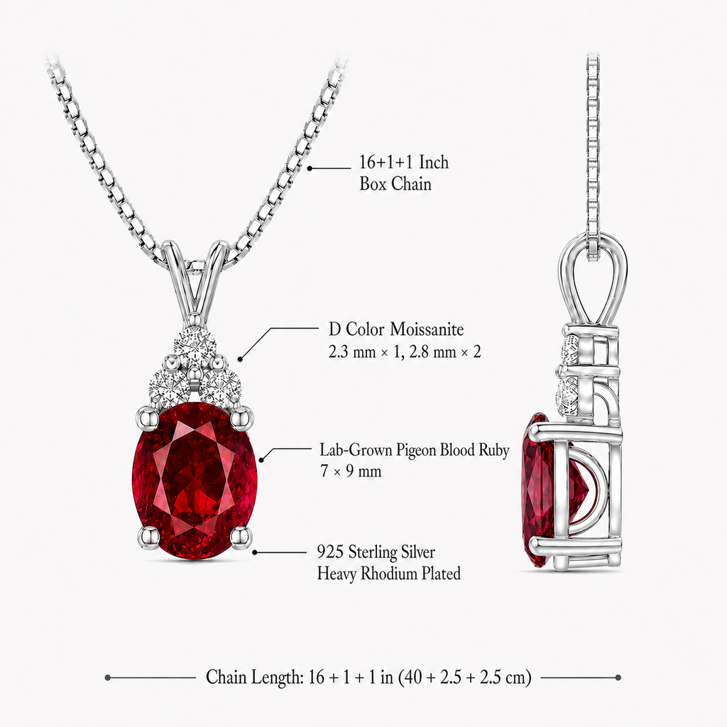 Starlit Garden ruby necklace details with moissanite accents, S925 silver and chain length