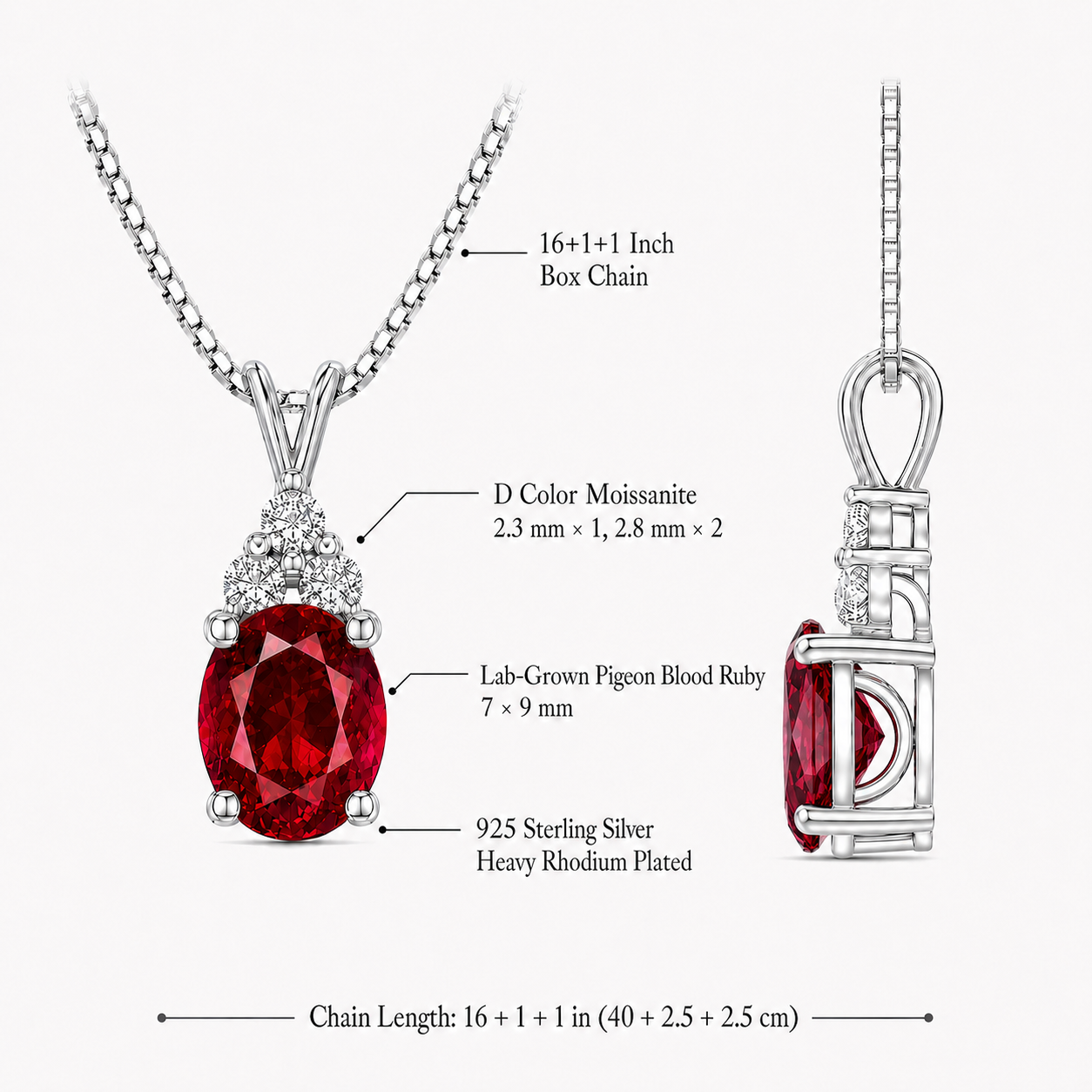Starlit Garden ruby necklace details with moissanite accents, S925 silver and chain length