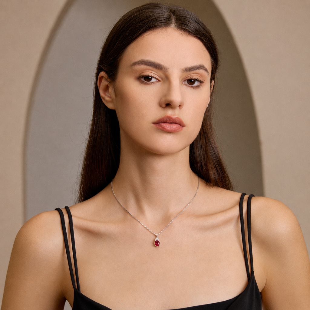 Model wearing Starlit Garden ruby necklace with moissanite accents
