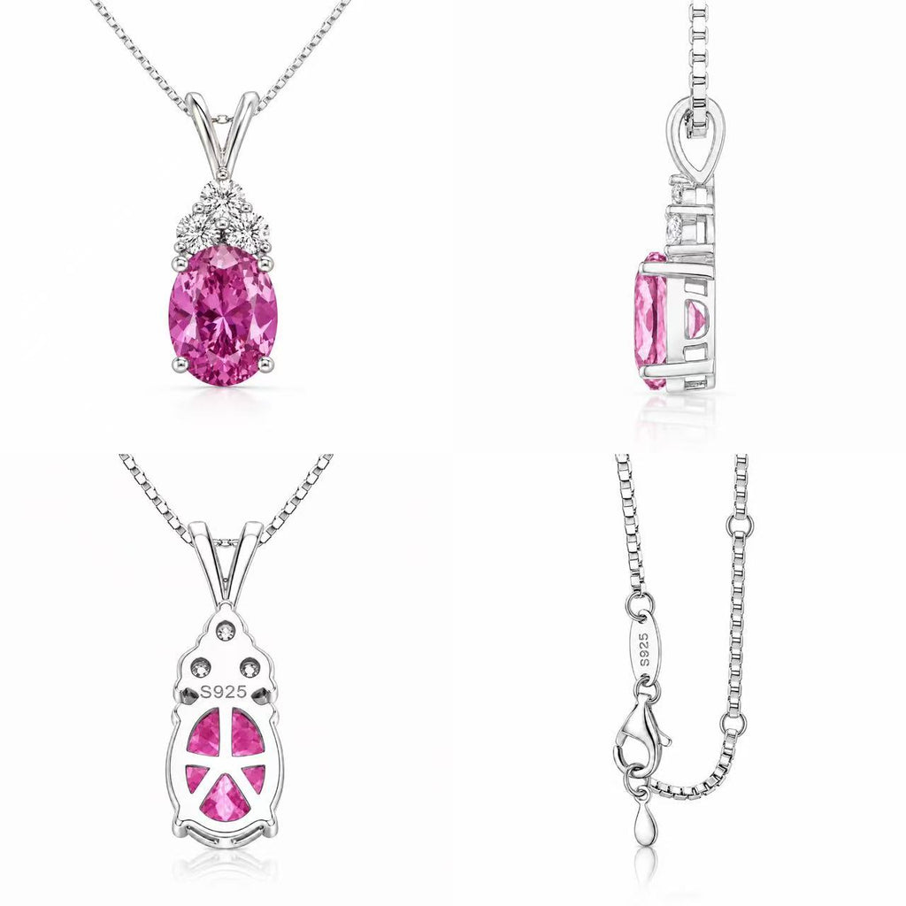 Starlit Garden vivid pink sapphire necklace in front, side, back and chain detail views