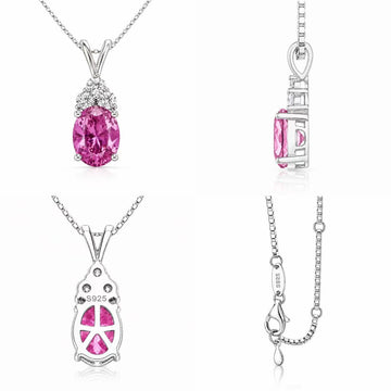 Starlit Garden vivid pink sapphire necklace in front, side, back and chain detail views