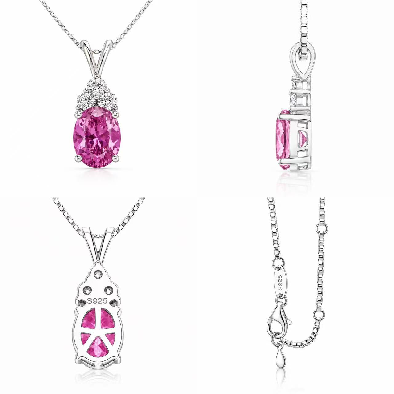 Starlit Garden vivid pink sapphire necklace in front, side, back and chain detail views
