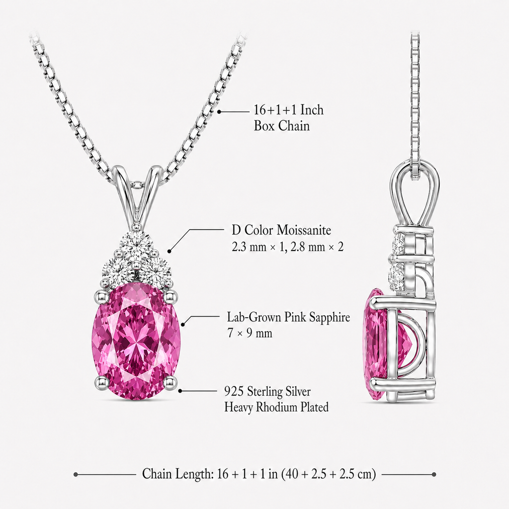 Starlit Garden vivid pink sapphire necklace details with moissanite accents, S925 silver and chain length