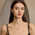 Model wearing Starlit Garden vivid pink sapphire necklace with moissanite accents