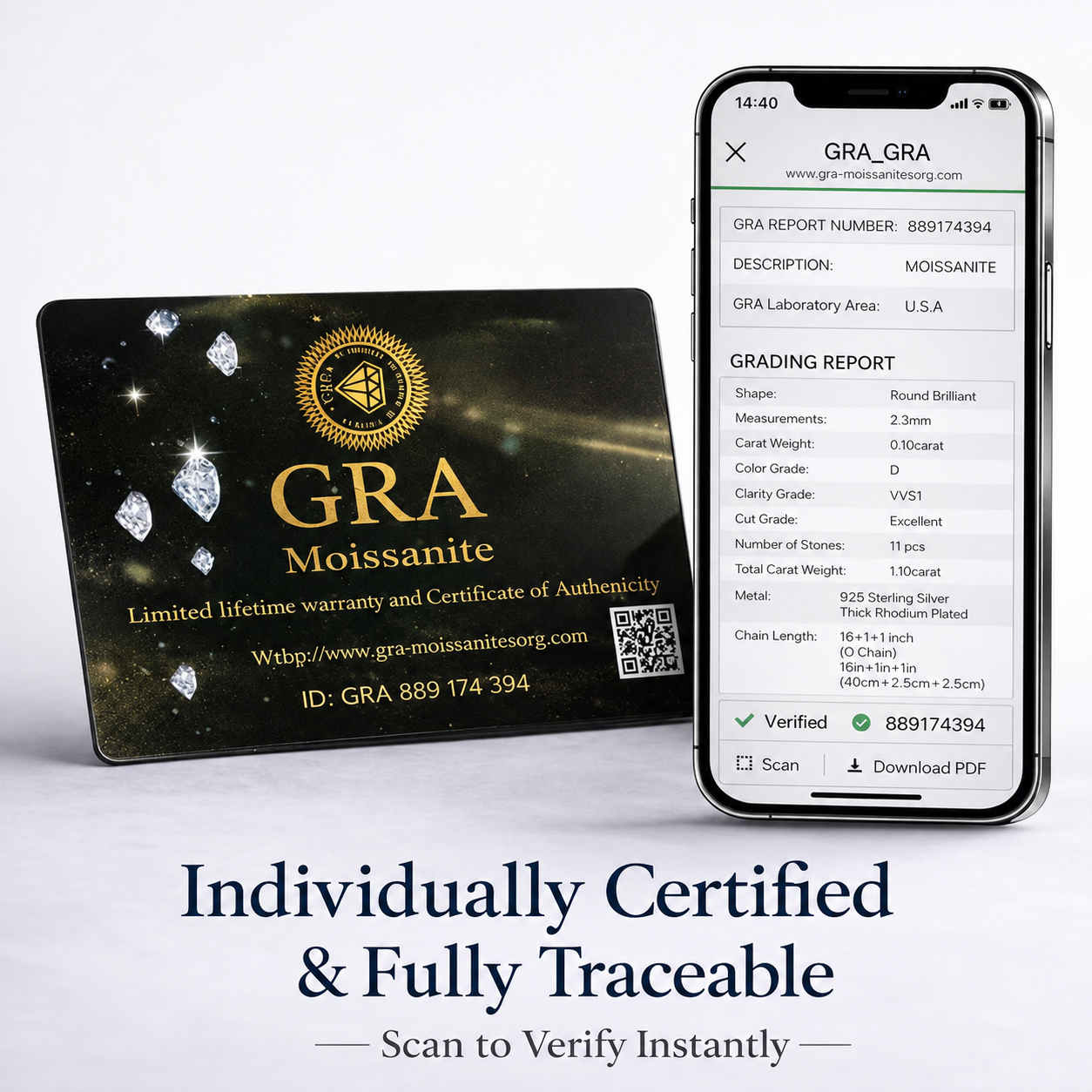 GRA certification card and online verification for D-color moissanite stones