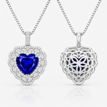 Front and back views of the Heart of the Ocean heart-shaped blue sapphire pendant necklace