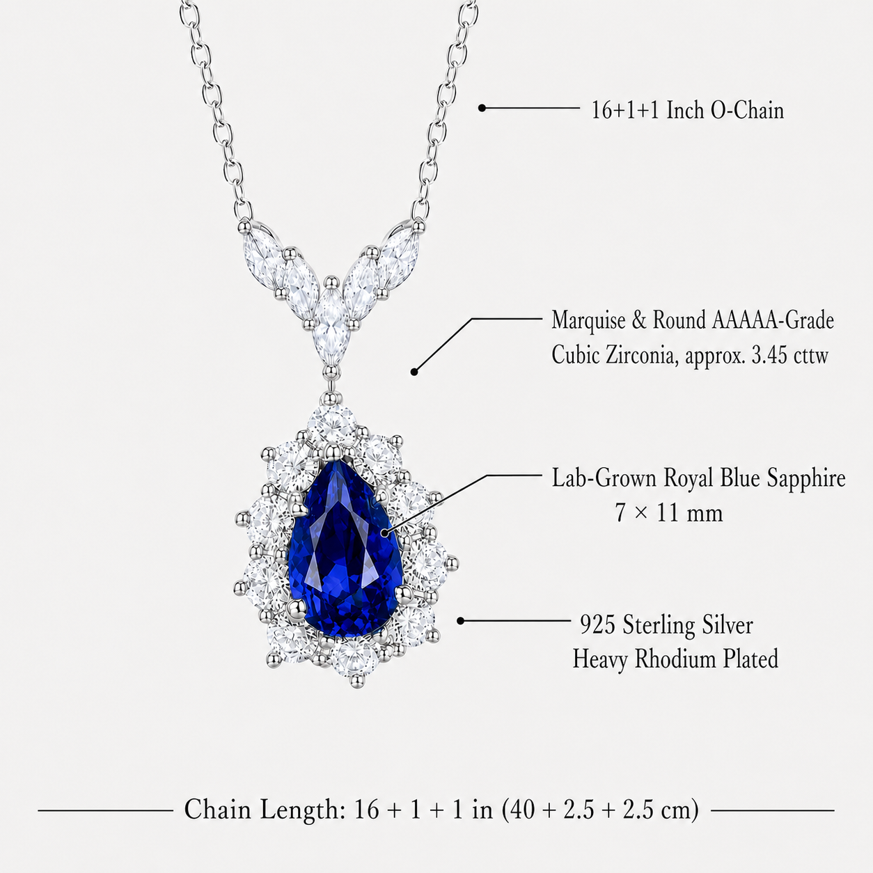 Seafoam Reverie necklace specifications with royal blue sapphire, cubic zirconia accents, and O-link chain