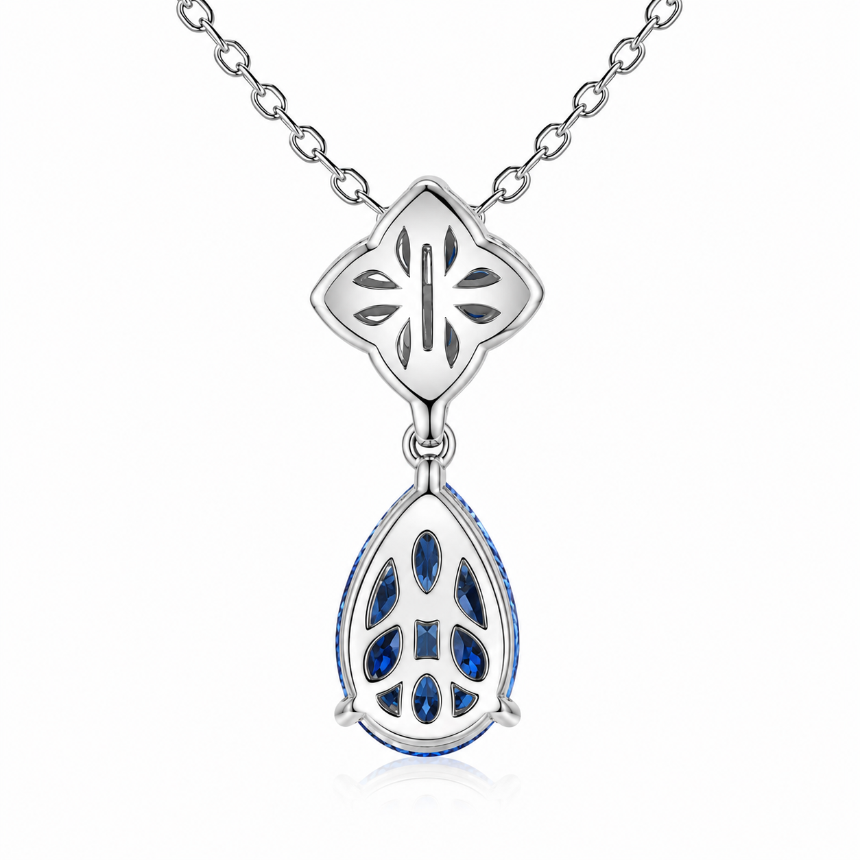 Back view of the Celestial Bloom royal blue sapphire pendant showing the openwork setting and rhodium-plated sterling silver finish