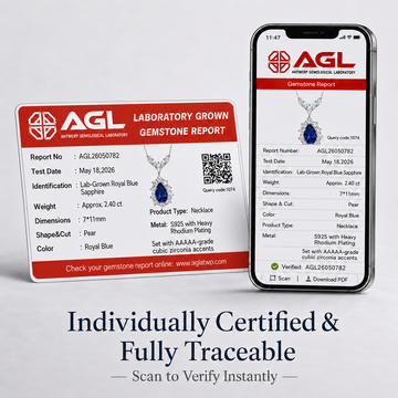 AGL gemstone report for the Seafoam Reverie lab-grown royal blue sapphire necklace