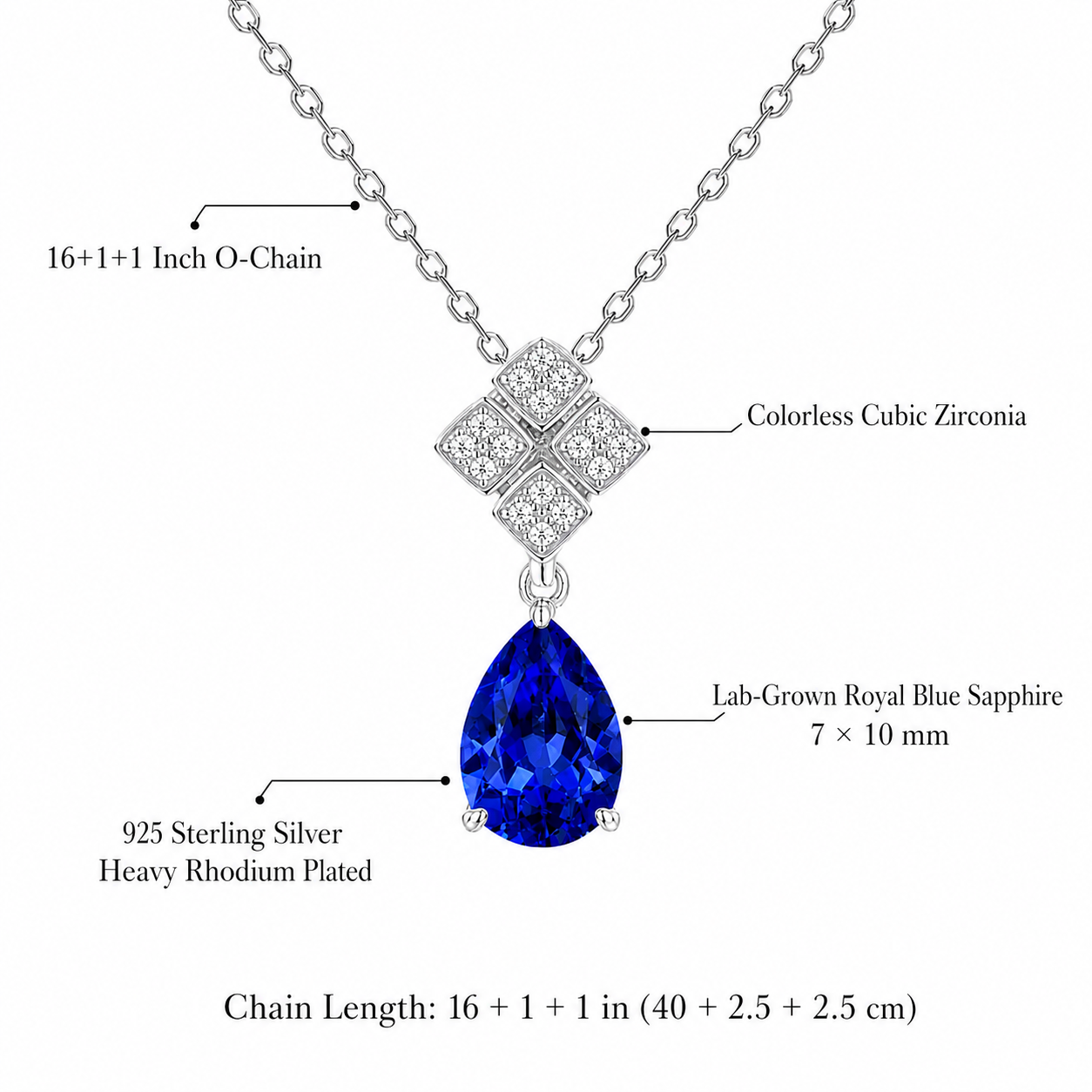 Celestial Bloom necklace details showing a 7 x 10 mm lab-grown royal blue sapphire, cubic zirconia accents and adjustable O-link chain