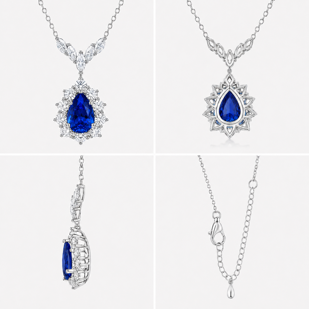 Seafoam Reverie royal blue sapphire necklace shown from the front, side, back, and with its O-link chain and lobster clasp extender