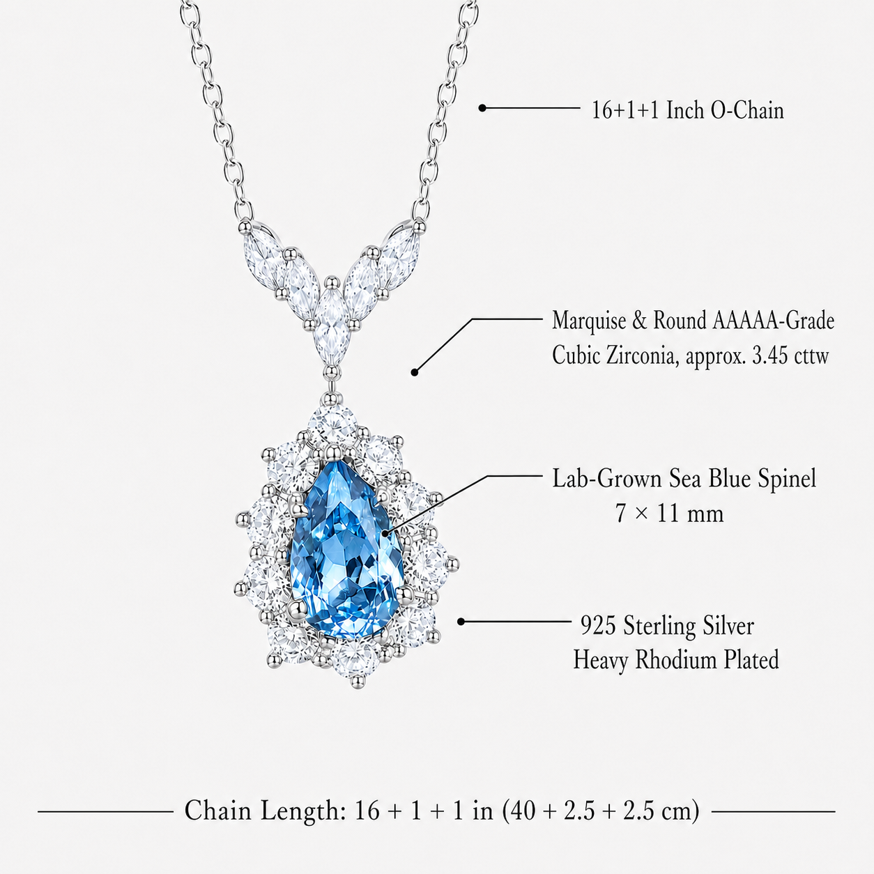 Seafoam Reverie necklace specifications with sea-blue spinel, cubic zirconia accents, and O-link chain