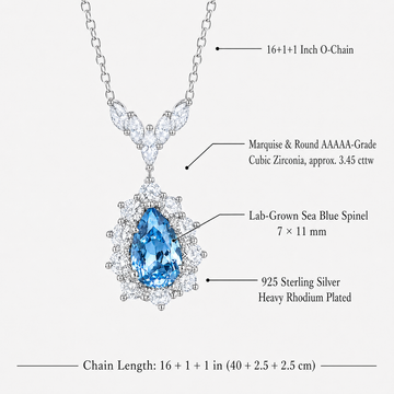 Seafoam Reverie necklace specifications with sea-blue spinel, cubic zirconia accents, and O-link chain