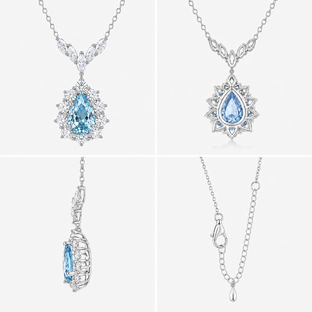 Seafoam Reverie sea-blue spinel necklace shown from the front, side, back, and with its O-link chain and lobster clasp extender