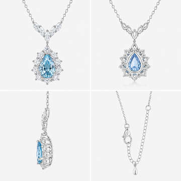 Seafoam Reverie sea-blue spinel necklace shown from the front, side, back, and with its O-link chain and lobster clasp extender