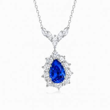 Seafoam Reverie pear-cut lab-grown royal blue sapphire necklace on a white background