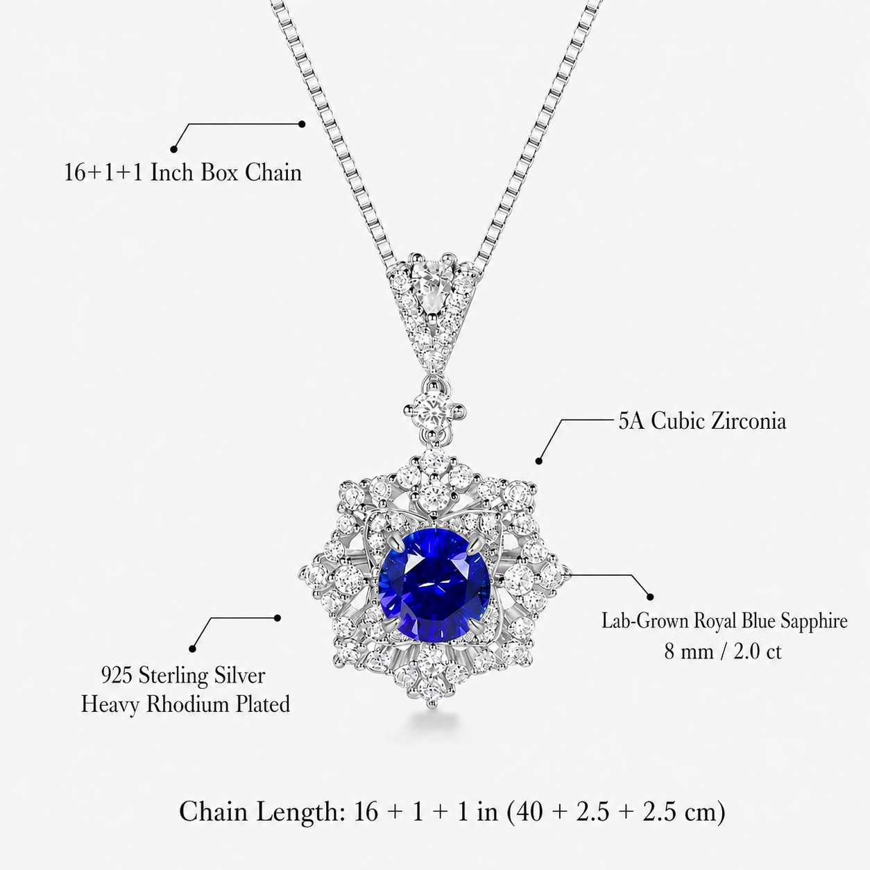 Ariadne’s Celestial Crown necklace details with 2 carat lab-grown sapphire, 5A cubic zirconia and box chain