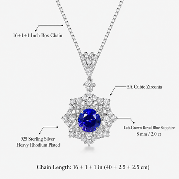 Ariadne’s Celestial Crown necklace details with 2 carat lab-grown sapphire, 5A cubic zirconia and box chain