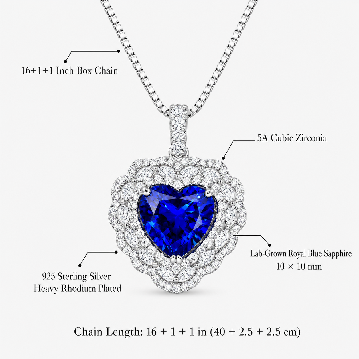 Heart of the Ocean necklace details with 10 x 10 mm lab-grown royal blue sapphire, 5A cubic zirconia and box chain