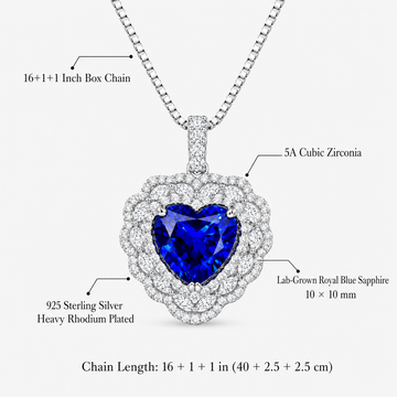 Heart of the Ocean necklace details with 10 x 10 mm lab-grown royal blue sapphire, 5A cubic zirconia and box chain
