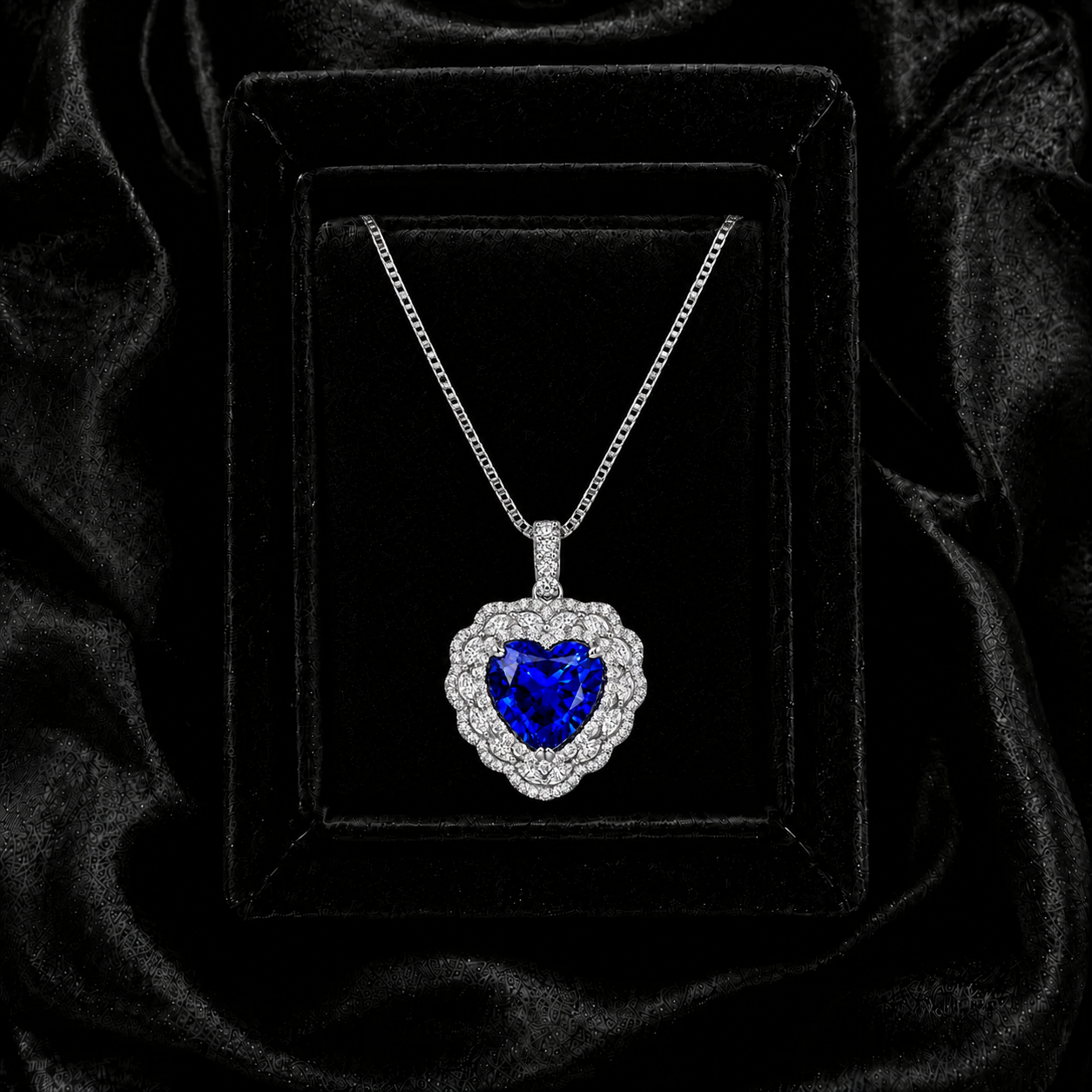 Heart of the Ocean royal blue sapphire heart necklace displayed in an elegant black jewelry box
