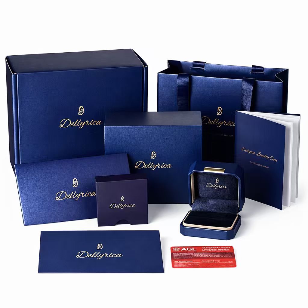 Dellyrica luxury gift-ready jewelry packaging with box, gift bag, care booklet, and identification certificate